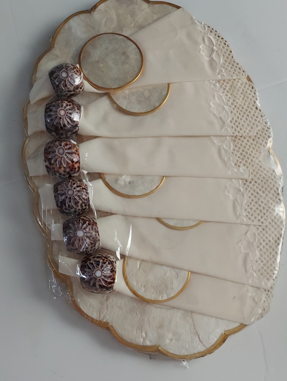 Shell Napkin Rings - Brown Floral Accent (Set of 6)